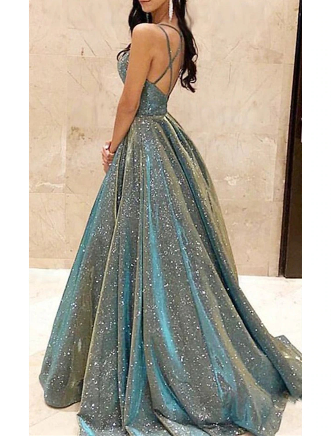A-Line Prom Dresses Sparkle & Shine Dress Formal Wedding Guest Court Train Sleeveless Spaghetti Strap Sequined with Glitter Sequin